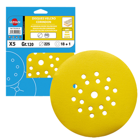 Disque Velcro Corindon  - 18 + 1 trous - Ø225mm - Grain 150 - Lot de 5 pièces