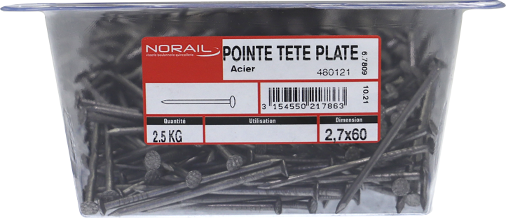 Pointe Tête plate Acier 2,7x60 Barquette de 2,5kg