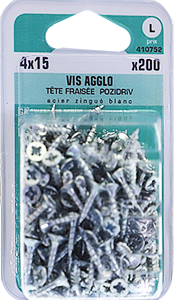 Vis agglo Pozidriv Tête fraisée Acier zingué blanc 4x15 Blister de 200