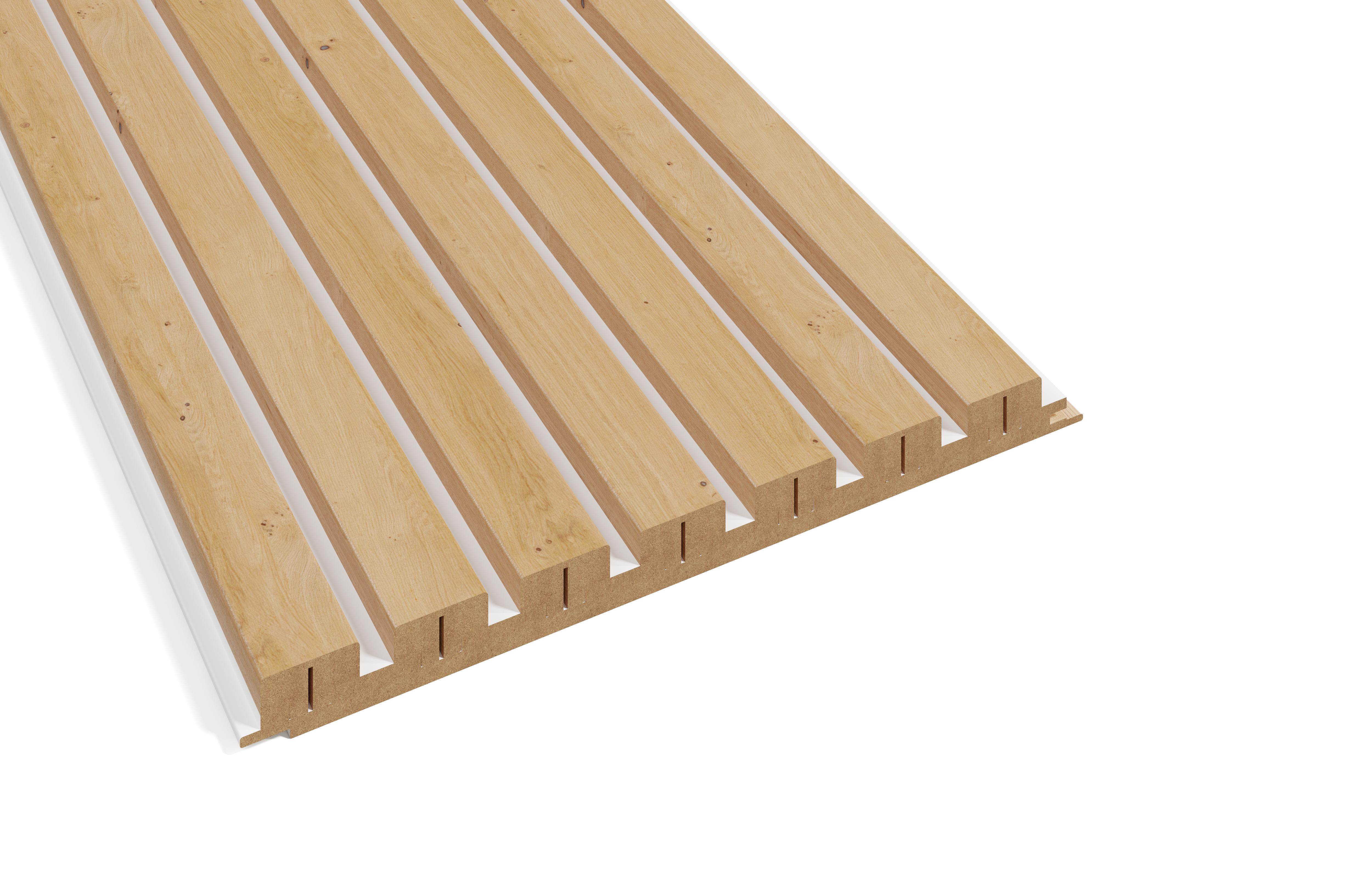 Panneaux décoratifs mural tasseaux MDF 2500 x 287 x 20MM décor chêne et fond rigide blanc - 0,75m²/panneau