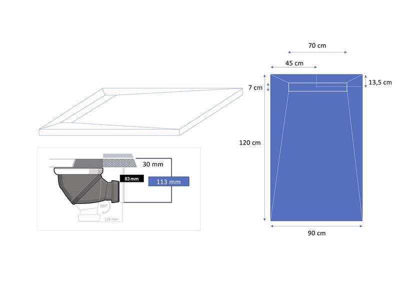 Receveur de douche Résine - avec caniveau inox - sans bonde - Blanc - 120 x 90 x 2,5 cm