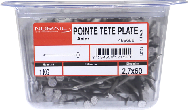 Pointe Tête plate Acier 2,7x60 Barquette de 1kg