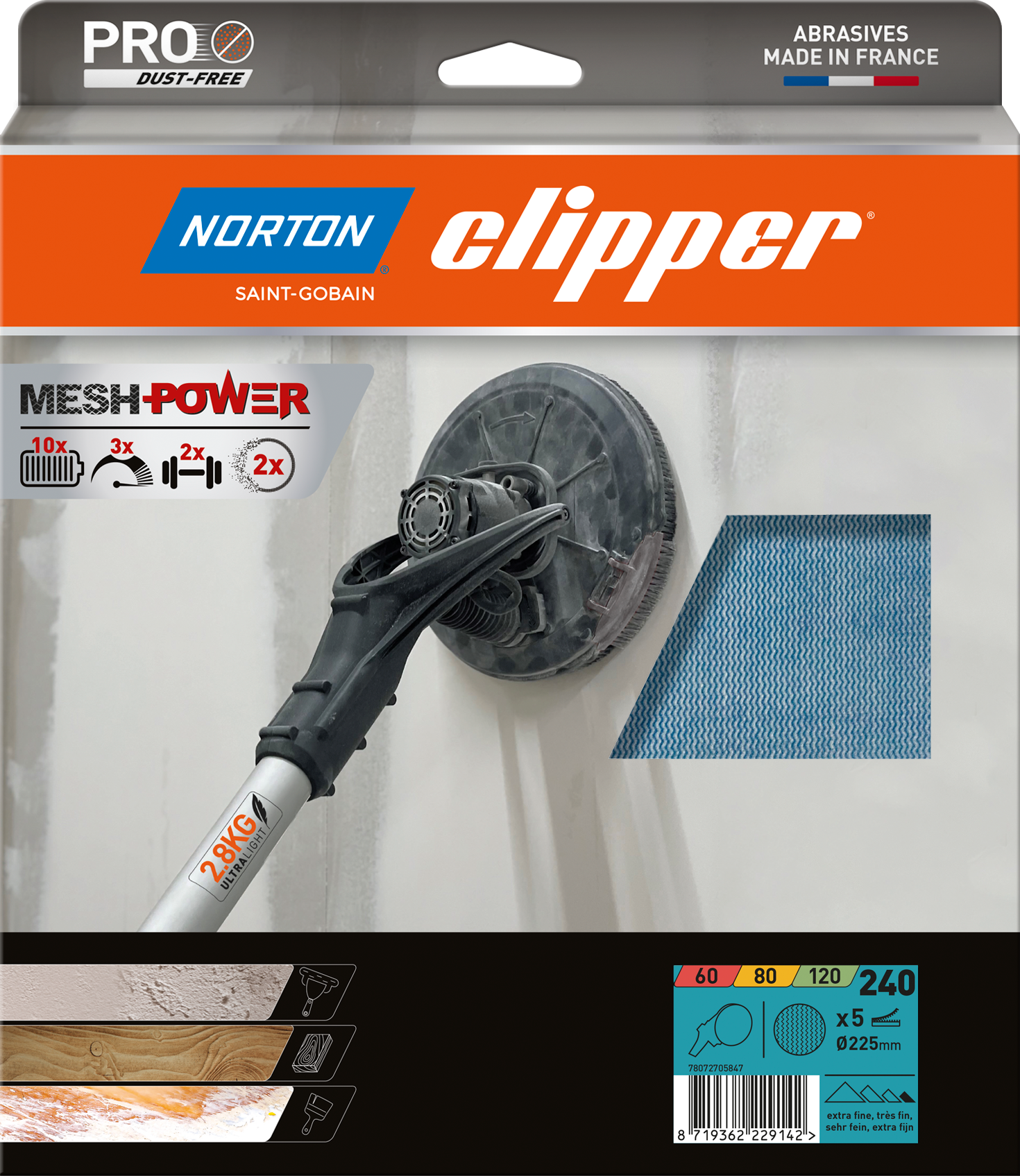 Disques abrasifs velcro 225x0 Meshpower M920 G240 - Lot de 5