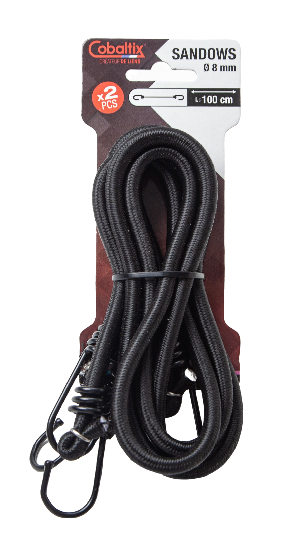Cavalier de 2 sandows Lg : 1m Ø 8mm NOIR crochets métal, sur cartonette cavalier