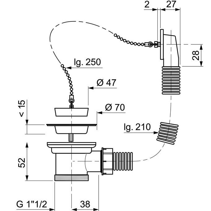 Bonde évier inox Ø 50mm à bouchon - avec trop plein                 