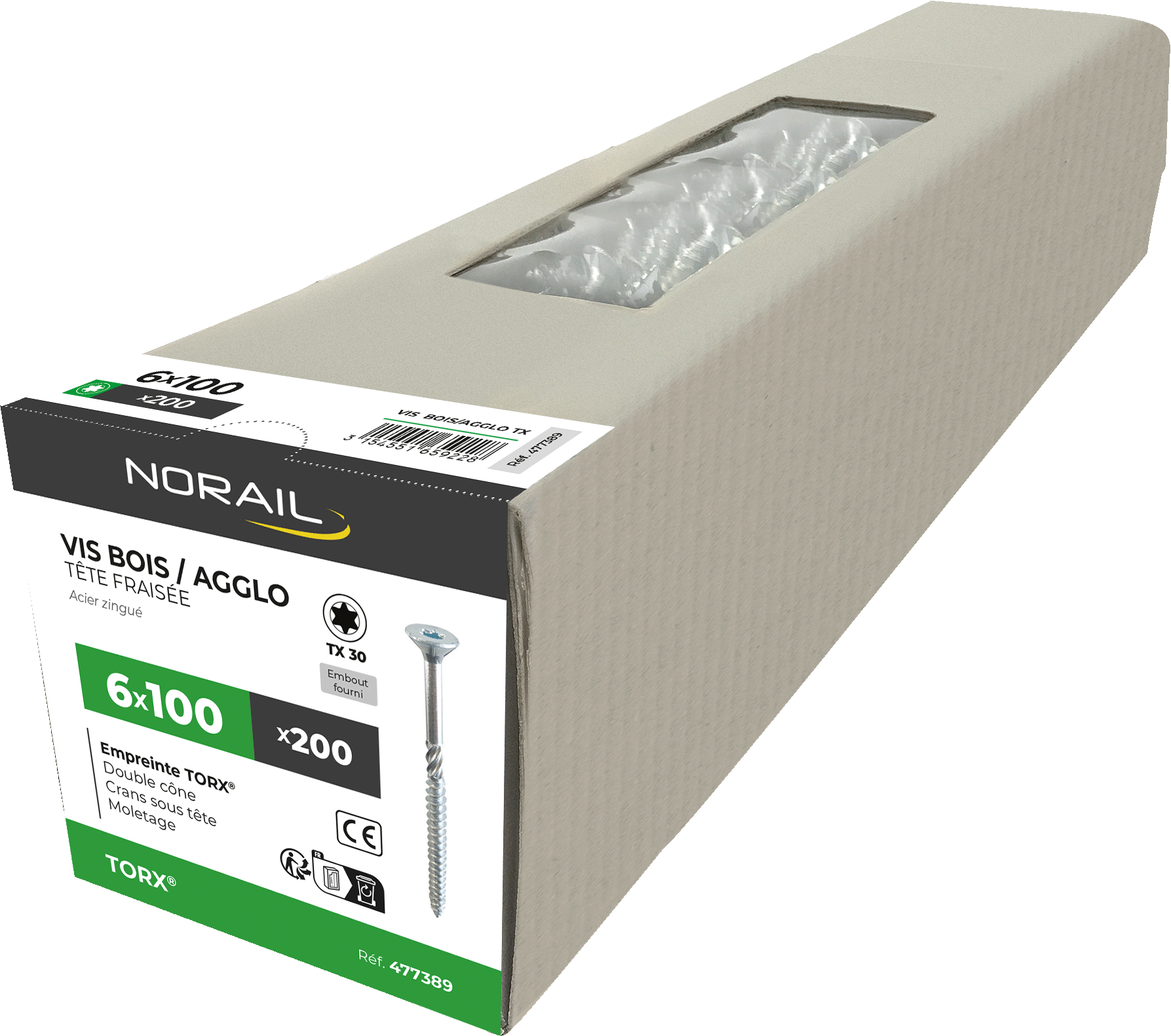 Vis bois/agglo TX Tête fraisée Acier zingué 6x100 Boite de 200