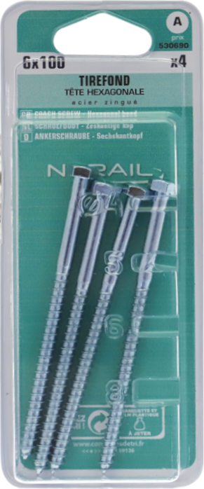 Tirefond Tête héxagonale Acier zingué 6x100 Blister de 4