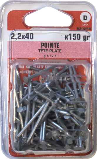 Pointe Tête plate Galvanisé 2,2x40 Blister de 150g