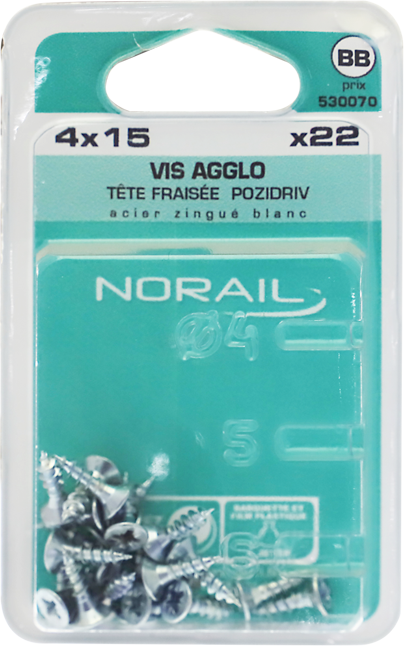 Vis agglo Pozidriv Tête fraisée Acier zingué blanc 4x15 Blister de 22