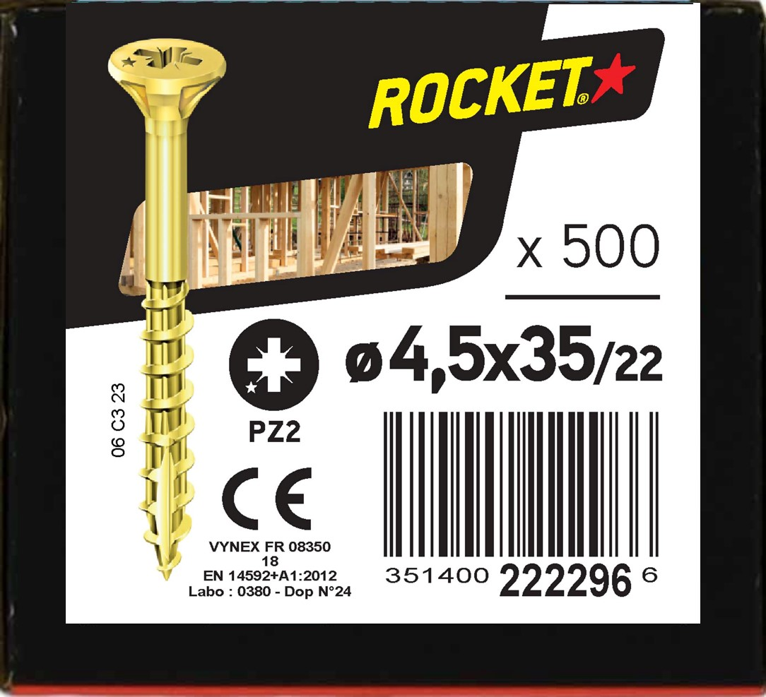 Vis ROCKET TX Tête fraisée Acier bichromaté 4x20 Boite de 500