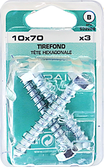 Tirefond Tête héxagonale Acier zingué 10x70 Blister de 3