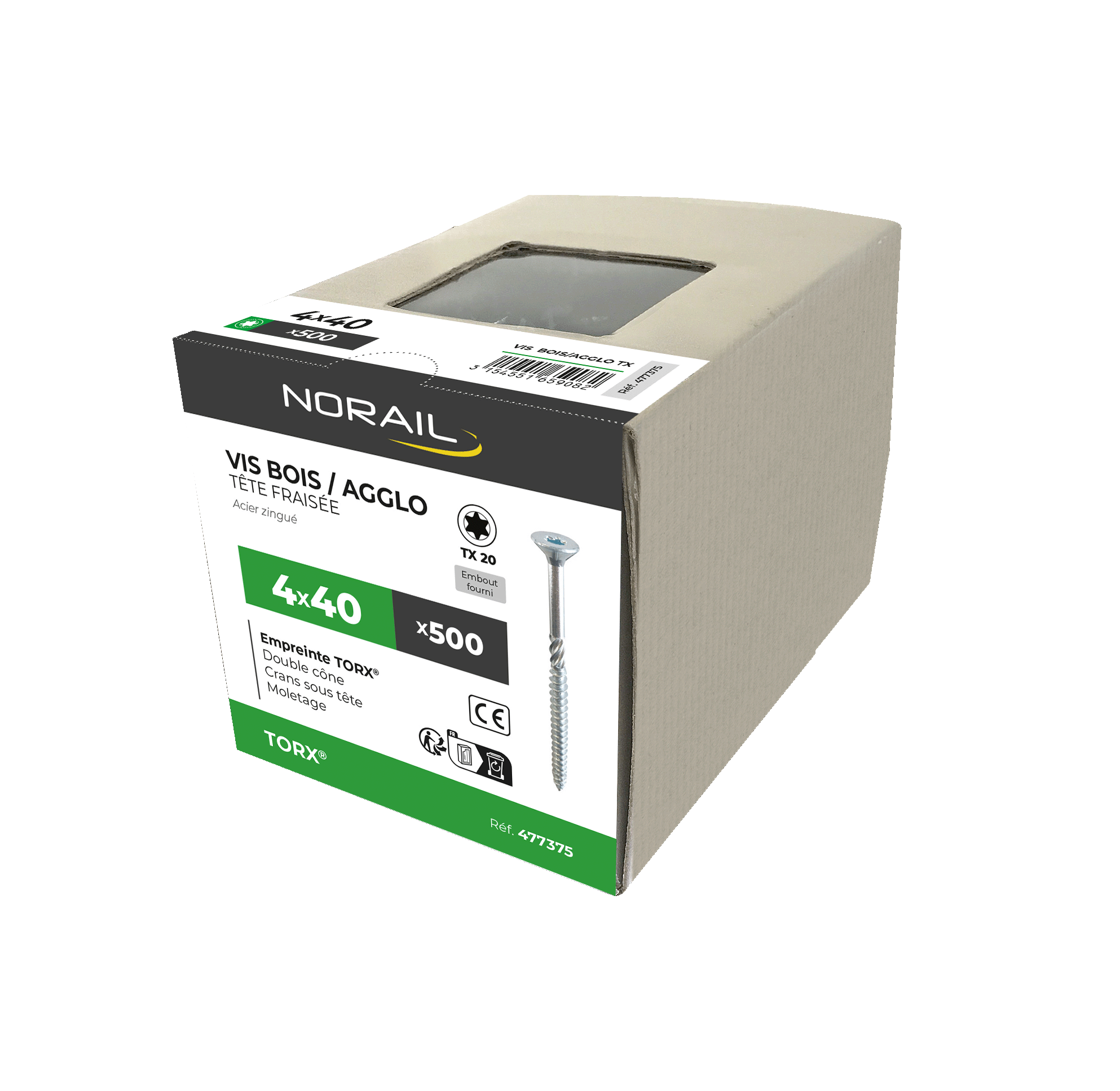 Vis bois/agglo TX Tête fraisée Acier zingué 4x40 Boite de 500