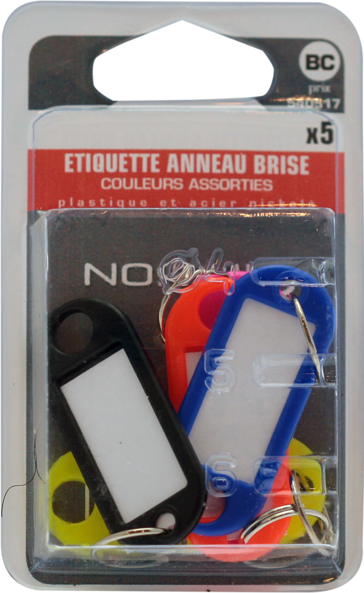 Etiquette porte clés avec anneau brisé Plastique et acier nickelé Blister de 5