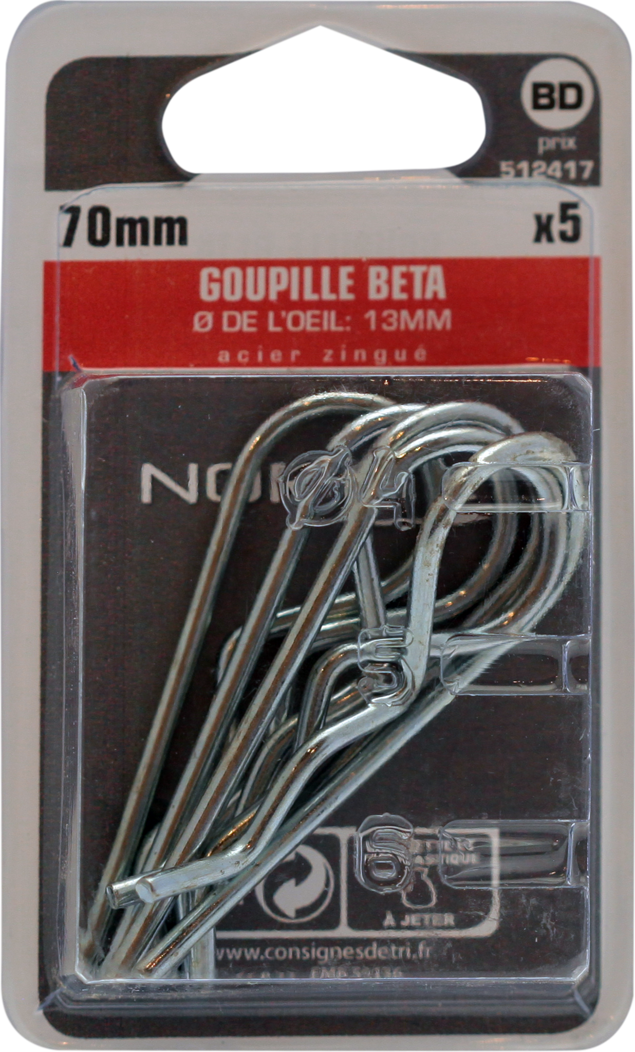Goupille béta Acier galvanisé Ø3mm L:65mm Blister de 5