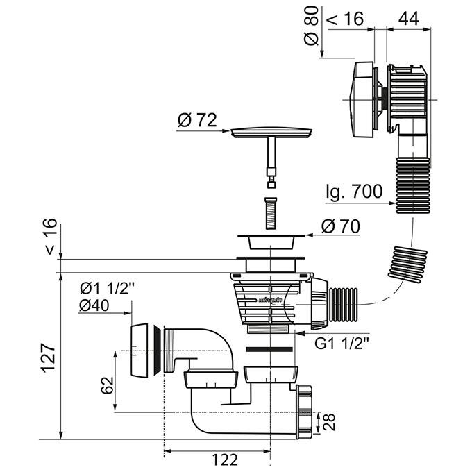 Vidage pour baignoire à câble  L700 mm - siphon orientable                