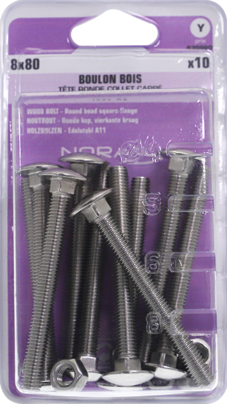 Boulon bois Japy Tête ronde collet carré Inox A2 8x80 Blister de 10