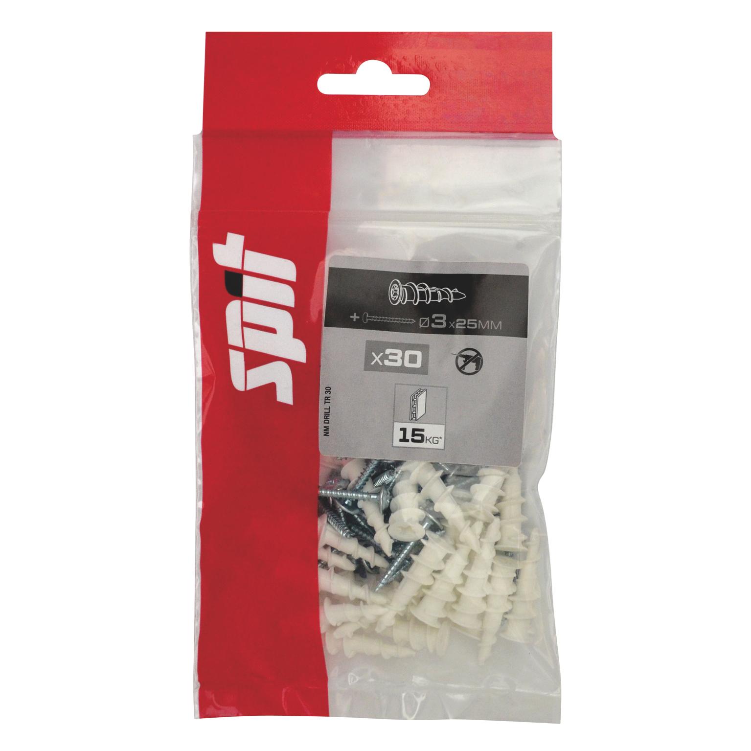 Cheville nylon et fibre de verre autoforeuse DRILL SPIT Avec vis TR  Ø3x25MM - Sachet de 30 pièces