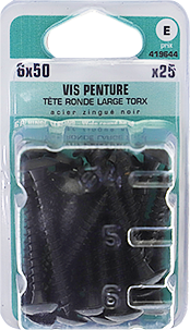 Vis penture TX Tête ronde large Acier zingué noir 6x50 Blister de 25