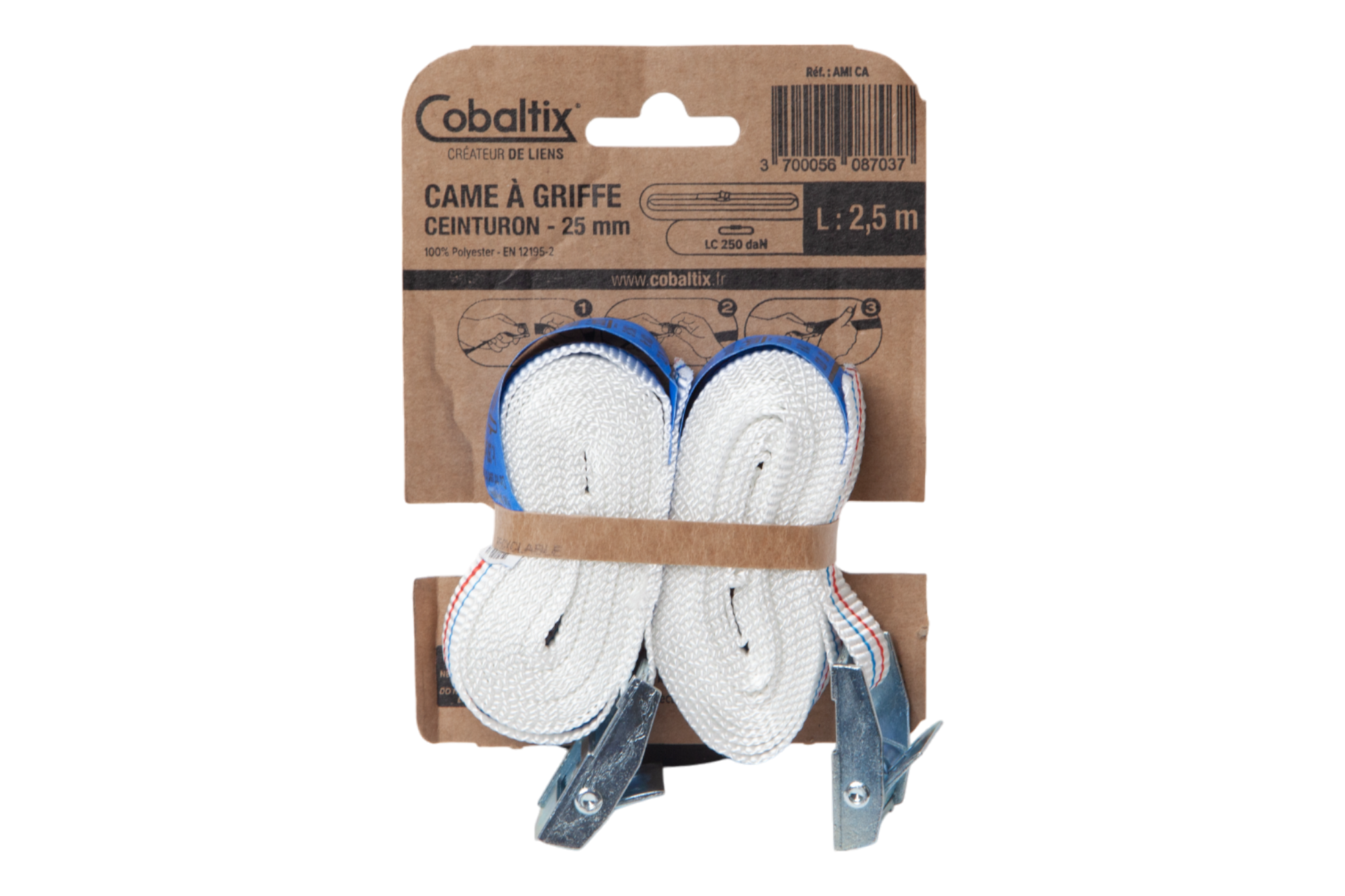 Lot de 2 sangles bagagères avec came à griffe 25mm Lg 2,5m 