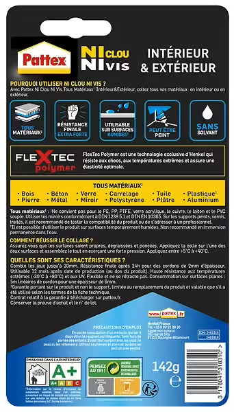 Colle fixation Ni Clou Ni Vis résiste à l'eau Tube 142g - Pattex
