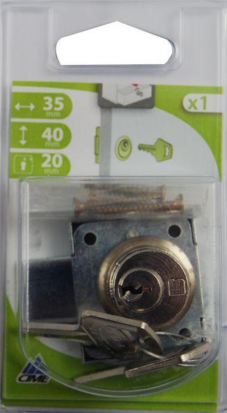 Serrure de meuble à cylindre Axe clé : 20mm - Diam : 20mm Acier nickelé 35x40x19 Blister