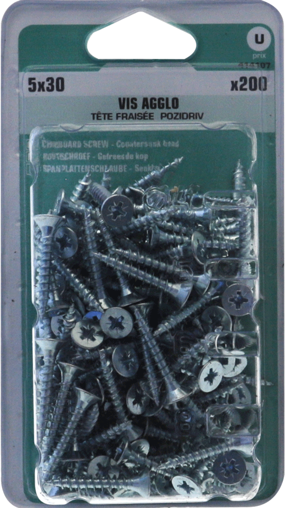 Vis agglo Pozidriv Tête fraisée Acier zingué blanc 5x30 Blister de 200