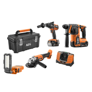 Pack perceuse percussion + meuleuse 125 mm + perforateur SDS+ 18V + lampe + 2 batteries + chargeur AEG