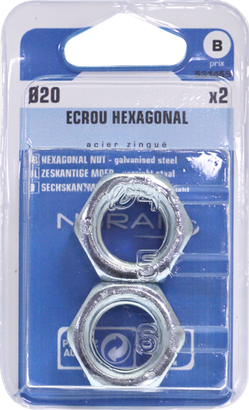 Ecrou héxagonal Acier zingué Ø20 Blister de 2