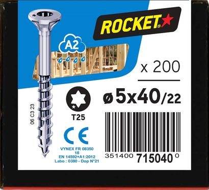 Vis ROCKET TX Tête fraisée Inox A2 5x40/22 Boite de 200