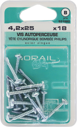 Vis autoperceuse PHILLIPS N°2 Tête cylindrique bombée Acier zingué 4,2x19 Blister de 18