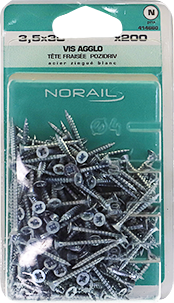 Vis agglo Pozidriv Tête fraisée Acier zingué blanc 3,5x30 Blister de 200