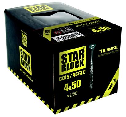 Vis STARBLOCK TX Tête fraisée Acier zingué blanc 4x50 Boite de 250