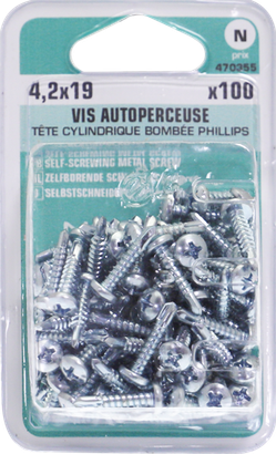 Vis autoperceuse PHILLIPS N°2 Tête cylindrique bombée Acier zingué 4,2x19 Blister de 100