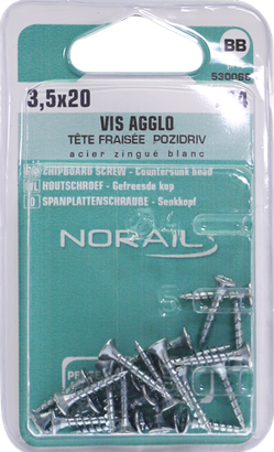 Vis agglo Pozidriv Tête fraisée Acier zingué blanc 3,5x20 Blister de 24