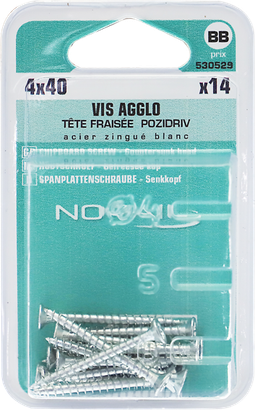 Vis agglo Pozidriv Tête fraisée Acier zingué blanc 4x40 Blister de 14