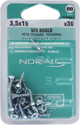 Vis agglo Pozidriv Tête fraisée Acier zingué blanc 3,5x15 Blister de 30