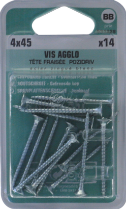 Vis agglo Pozidriv Tête fraisée Acier zingué blanc 4x45 Blister de 14