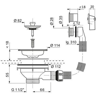 Bonde évier Ø 90 mm - panier inox avec trop-plein