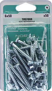 Tirefond Tête héxagonale Acier zingué 6x50 Blister de 50