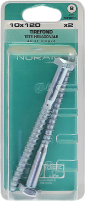 Tirefond Tête héxagonale Acier zingué 10x120 Blister de 2