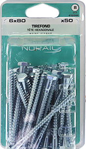 Tirefond Tête héxagonale Acier zingué 6x80 Blister de 50