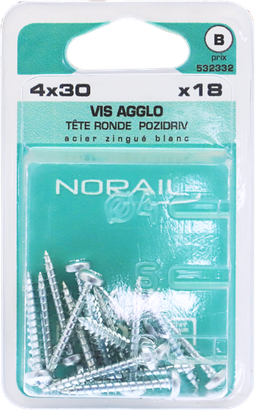 Vis agglo Pozidriv Tête ronde Acier zingué blanc 4x30 Blister de 18