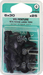 Vis penture TX Tête ronde large Acier zingué noir 6x30 Blister de 25