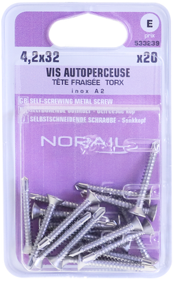 Vis autoperceuse TX Tête fraisée Inox A2 4,2x32 Blister de 20