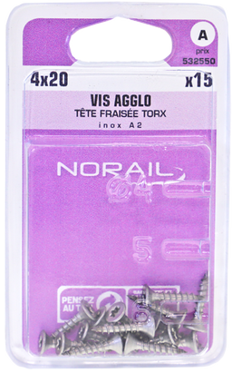 Vis agglo TX Tête fraisée Inox A2 4x20 Blister de 15