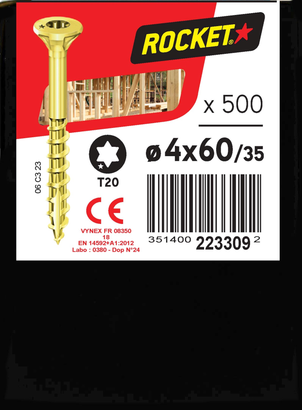 Vis ROCKET TX Tête fraisée Acier bichromaté 4x60/35 Boite de 500