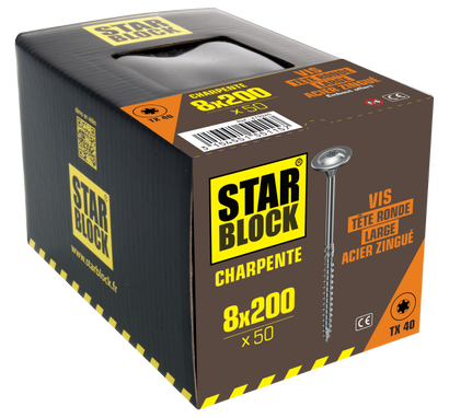 Vis charpente STARBLOCK TX Tête ronde large Acier zingué blanc 8x200 Boite de 50