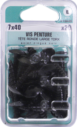 Vis penture TX Tête ronde large Acier zingué noir 7x40 Blister de 20