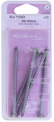 Vis agglo TX Tête fraisée Inox A2 6x100 Blister de 5