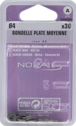 Rondelle plate moyenne Inox A2 Ø4 Blister de 30